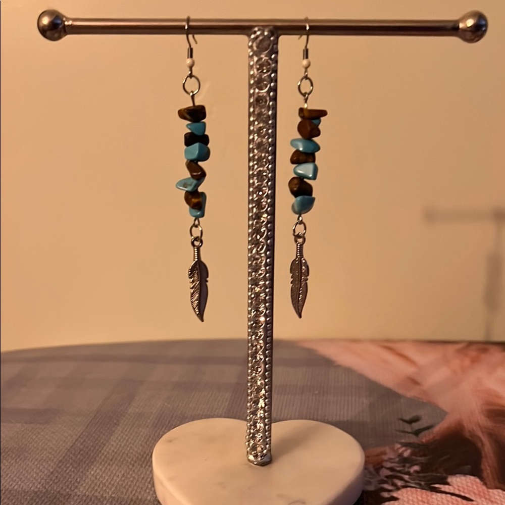 Blue and Brown Linear Drop Earrings with Feather Charm